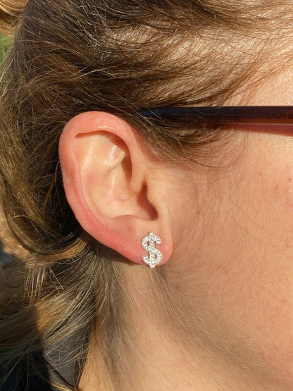 HarlemBling Real 925 Sterling Silver Men Ladies Dollar Sign dollar Money Earrings Studs Diamond