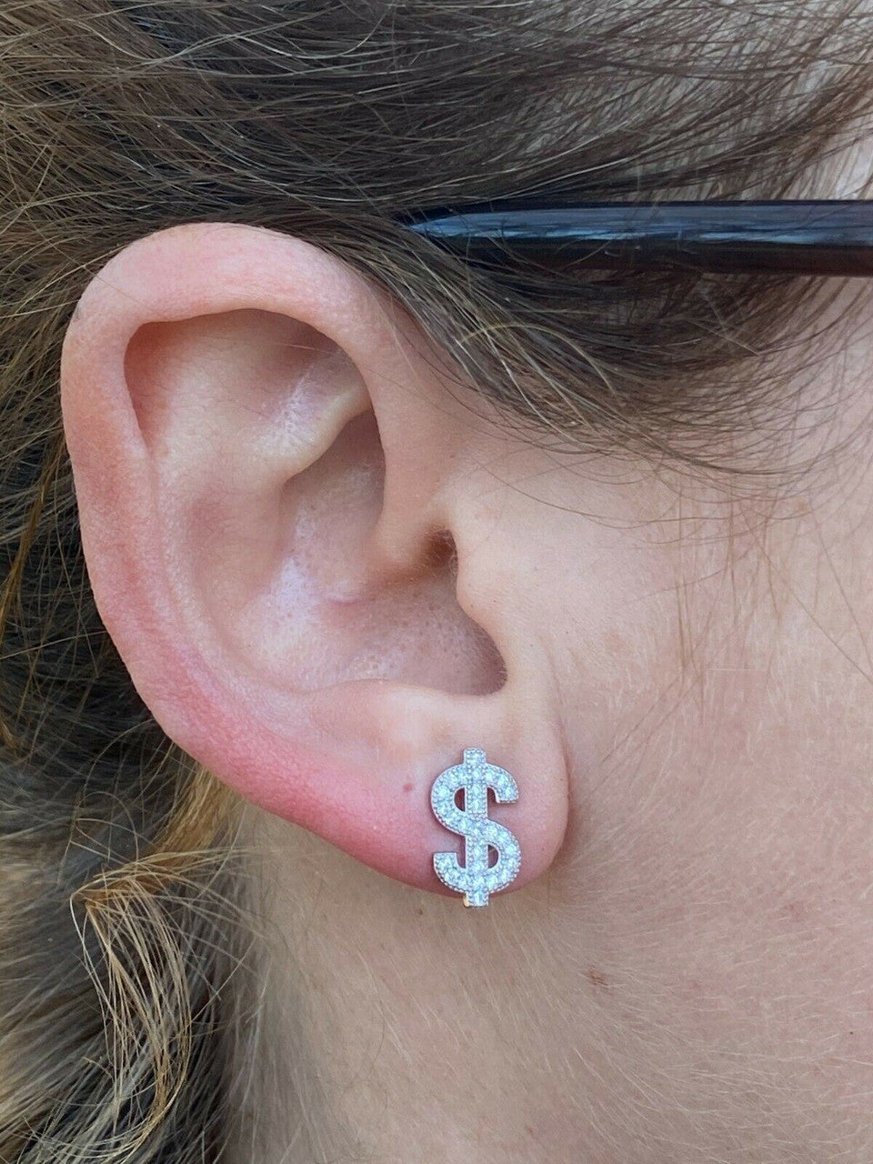 HarlemBling Real 925 Sterling Silver Men Ladies Dollar Sign dollar Money Earrings Studs Diamond