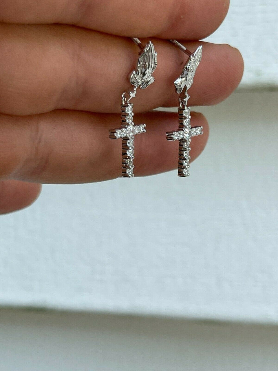 HarlemBling Real 925 Sterling Silver Men Ladies Praying Hands W Iced Cross Dangle Earrings