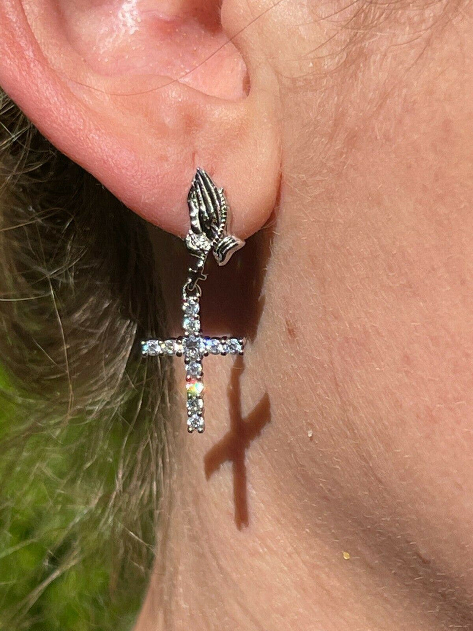 HarlemBling Real 925 Sterling Silver Men Ladies Praying Hands W Iced Cross Dangle Earrings
