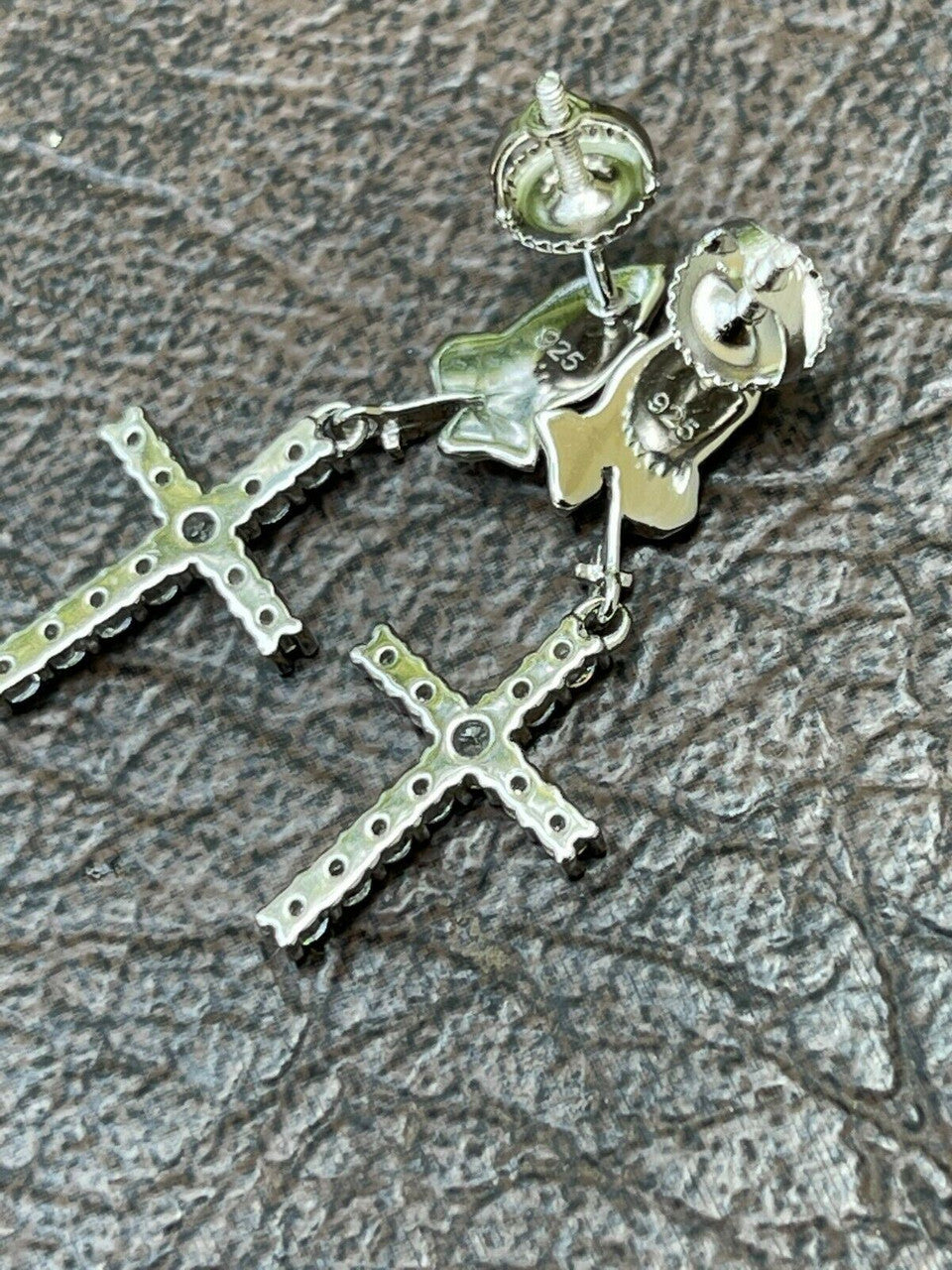 HarlemBling Real 925 Sterling Silver Men Ladies Praying Hands W Iced Cross Dangle Earrings