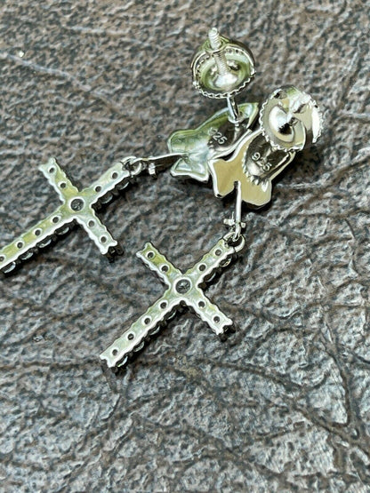 HarlemBling Real 925 Sterling Silver Men Ladies Praying Hands W Iced Cross Dangle Earrings