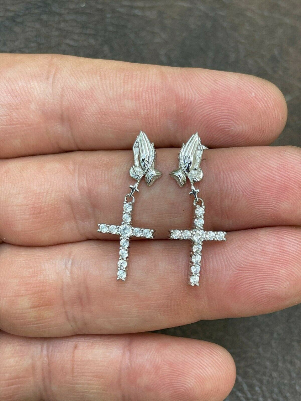 HarlemBling Real 925 Sterling Silver Men Ladies Praying Hands W Iced Cross Dangle Earrings