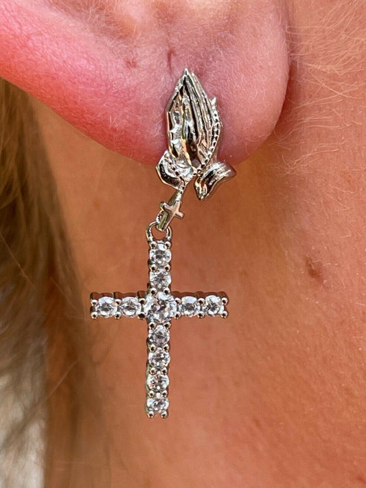 HarlemBling Real 925 Sterling Silver Men Ladies Praying Hands W Iced Cross Dangle Earrings