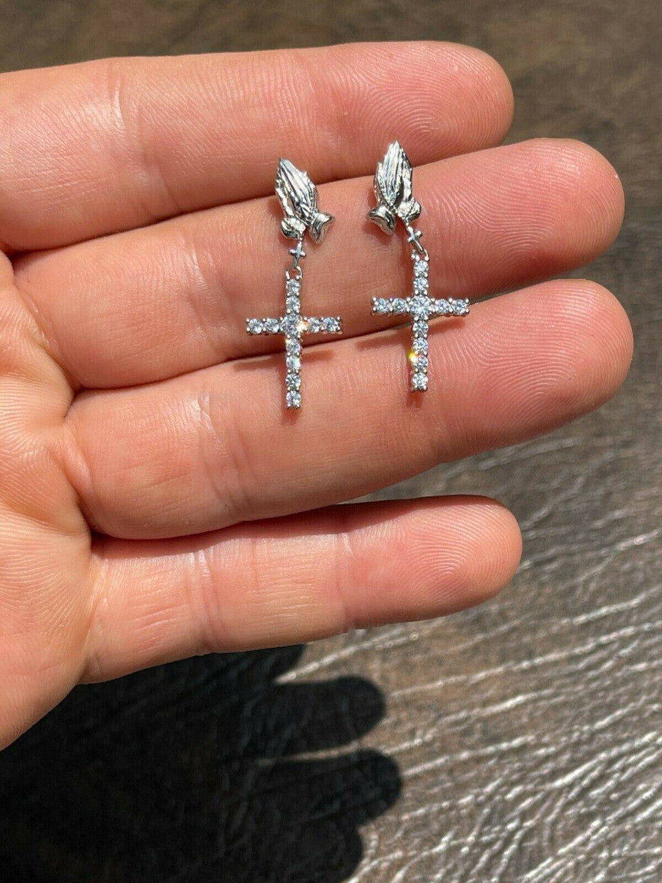 HarlemBling Real 925 Sterling Silver Men Ladies Praying Hands W Iced Cross Dangle Earrings