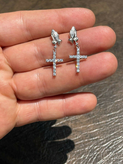 HarlemBling Real 925 Sterling Silver Men Ladies Praying Hands W Iced Cross Dangle Earrings