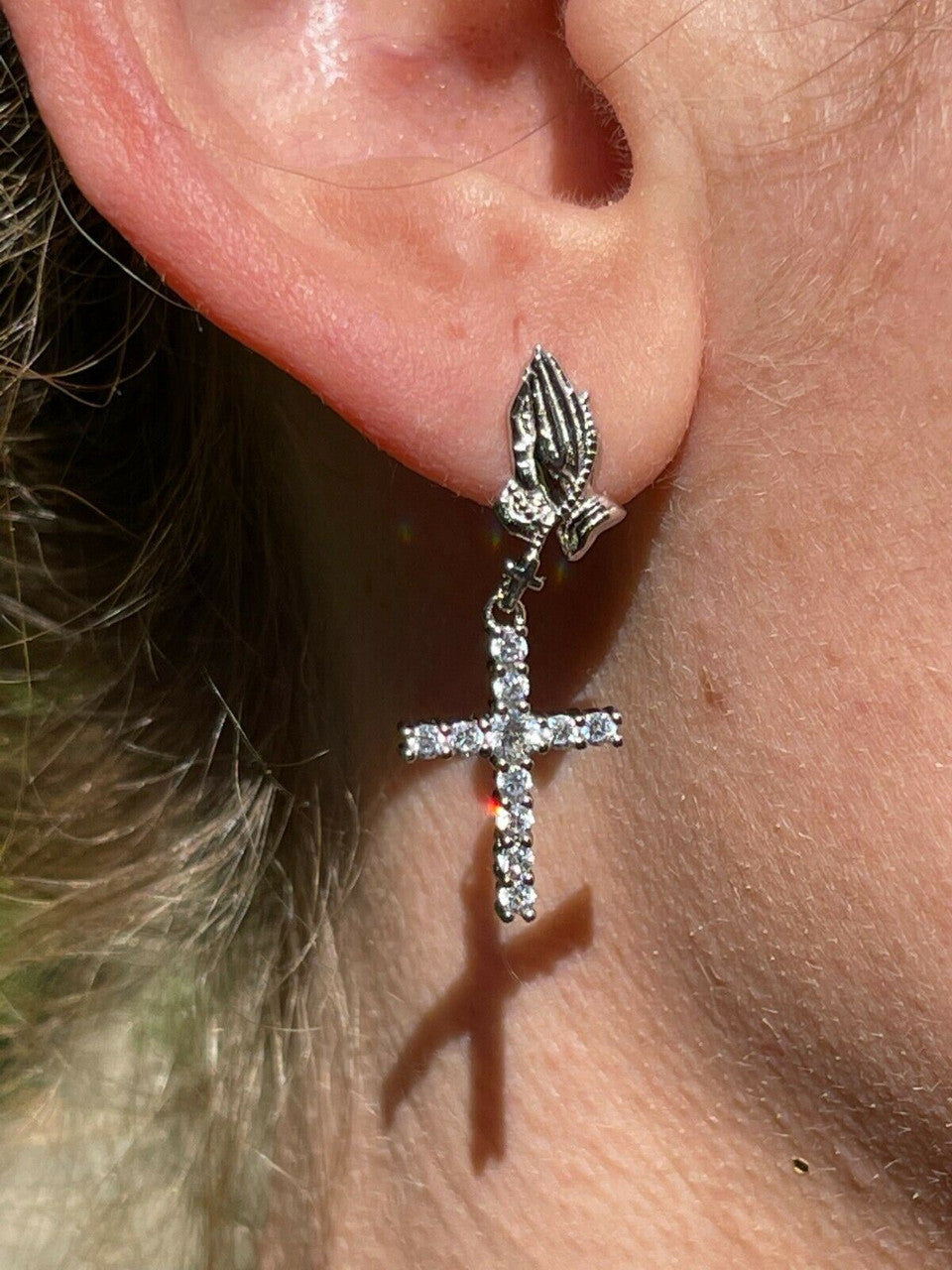 HarlemBling Real 925 Sterling Silver Men Ladies Praying Hands W Iced Cross Dangle Earrings