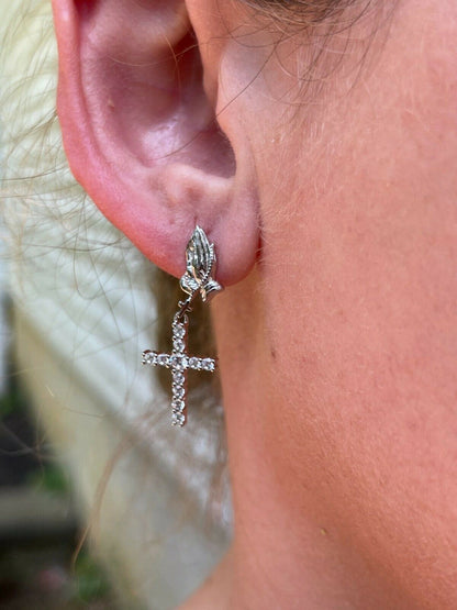 HarlemBling Real 925 Sterling Silver Men Ladies Praying Hands W Iced Cross Dangle Earrings