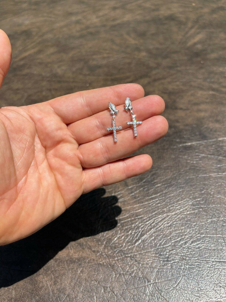 HarlemBling Real 925 Sterling Silver Men Ladies Praying Hands W Iced Cross Dangle Earrings