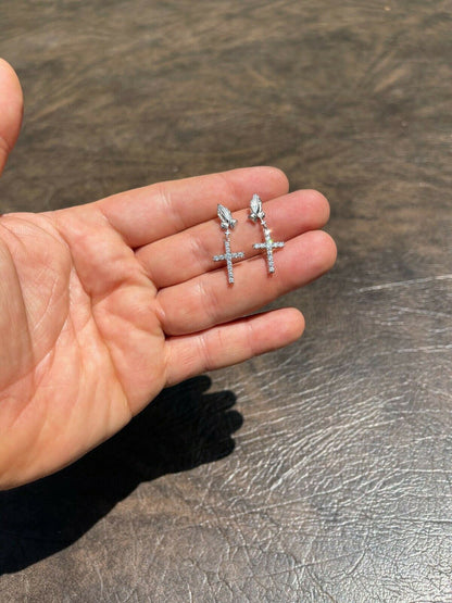 HarlemBling Real 925 Sterling Silver Men Ladies Praying Hands W Iced Cross Dangle Earrings