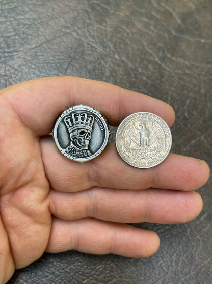 HarlemBling Real 925 Sterling Silver Mens Coin Ring Skull W Crown Death King Skeleton 7-13