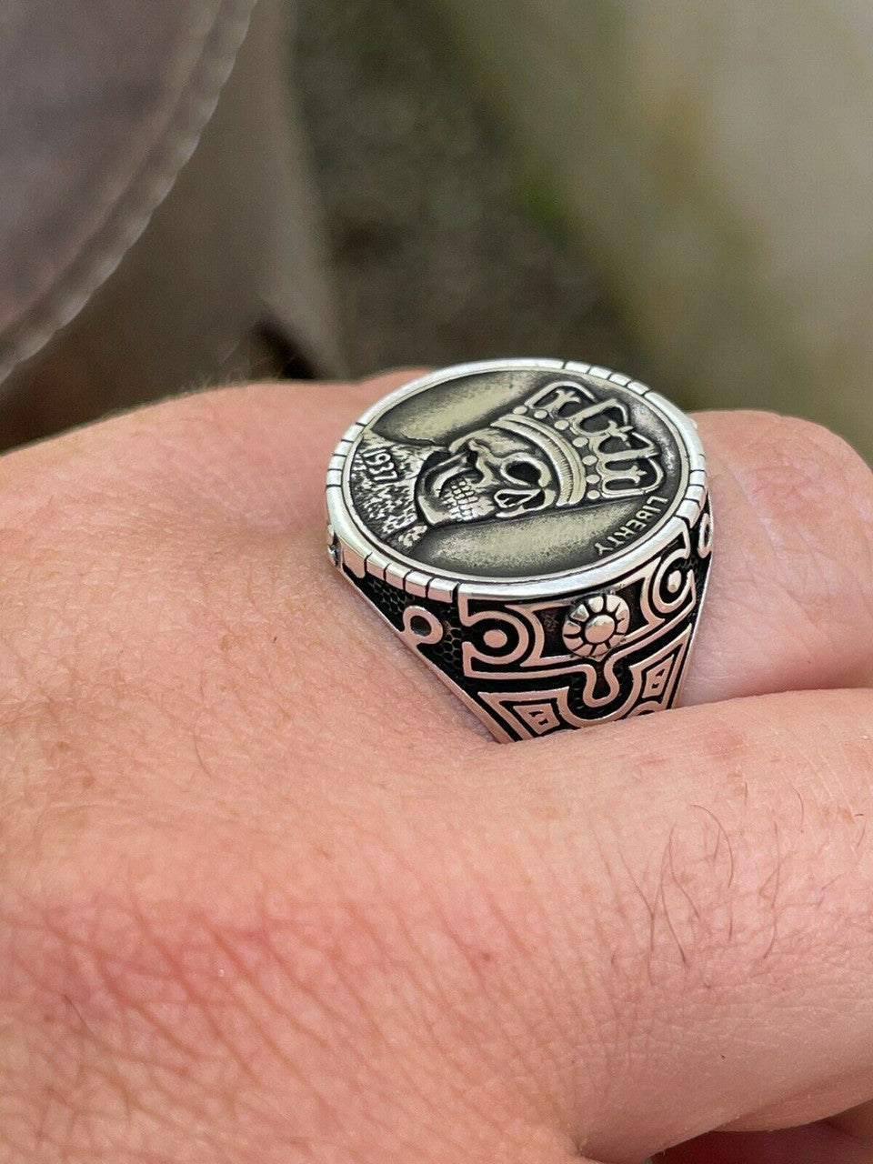 HarlemBling Real 925 Sterling Silver Mens Coin Ring Skull W Crown Death King Skeleton 7-13