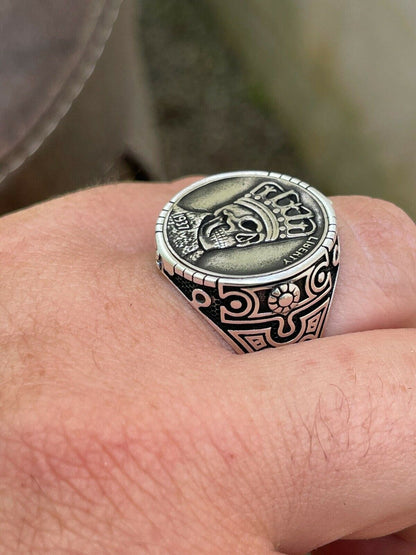 HarlemBling Real 925 Sterling Silver Mens Coin Ring Skull W Crown Death King Skeleton 7-13