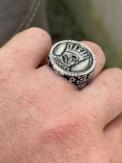 HarlemBling Real 925 Sterling Silver Mens Coin Ring Skull W Crown Death King Skeleton 7-13