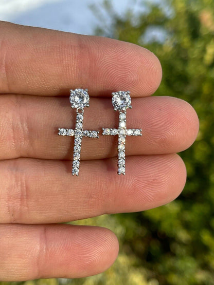 HarlemBling Real 925 Sterling Silver Mens Ladies Dangle Cross Studs Earrings Iced Diamond