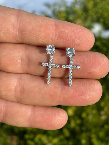 HarlemBling Real 925 Sterling Silver Mens Ladies Dangle Cross Studs Earrings Iced Diamond
