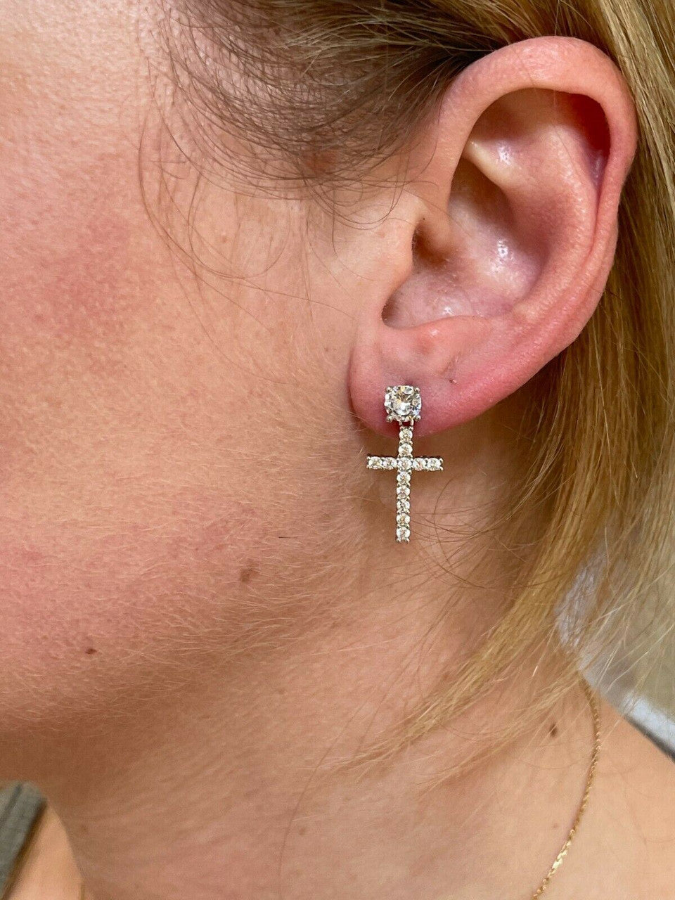 HarlemBling Real 925 Sterling Silver Mens Ladies Dangle Cross Studs Earrings Iced Diamond