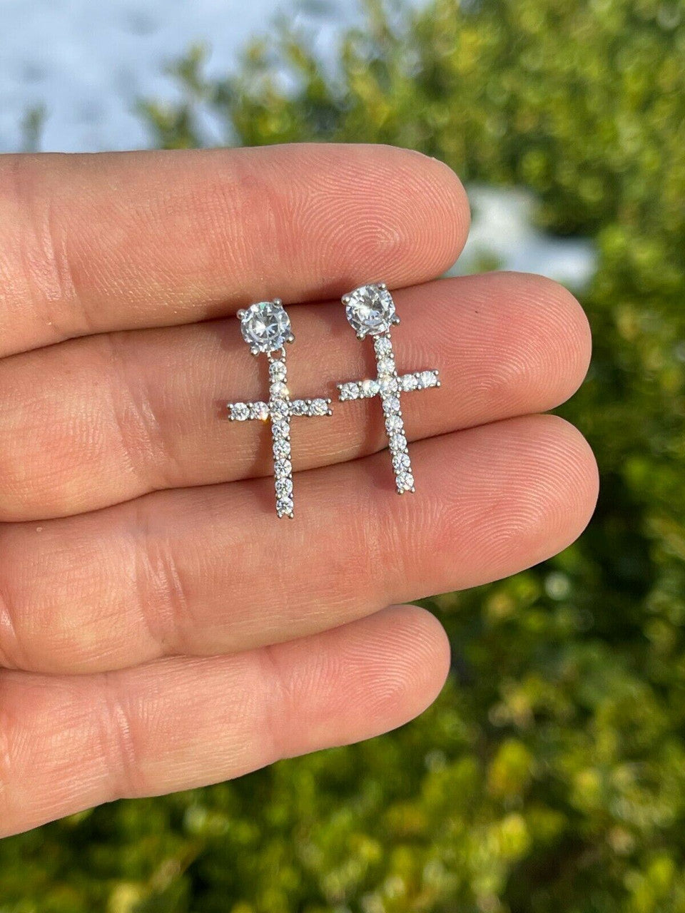 HarlemBling Real 925 Sterling Silver Mens Ladies Dangle Cross Studs Earrings Iced Diamond