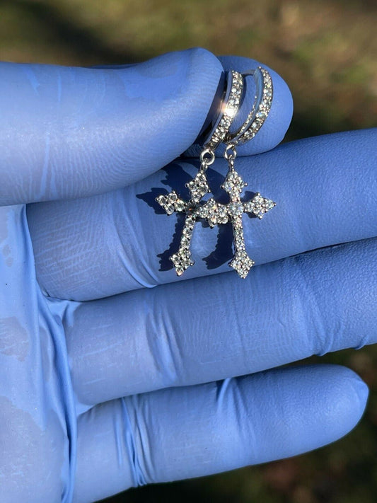 HarlemBling Real 925 Sterling Silver Mens Ladies Dangle Cross Studs Earrings Iced Hip Hop