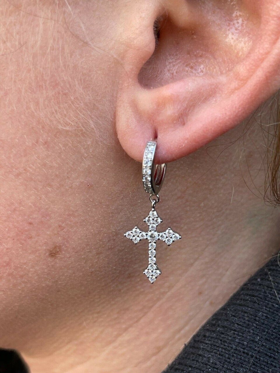 Real 925 Sterling Silver Men's Ladies Dangle Cross Studs Earrings