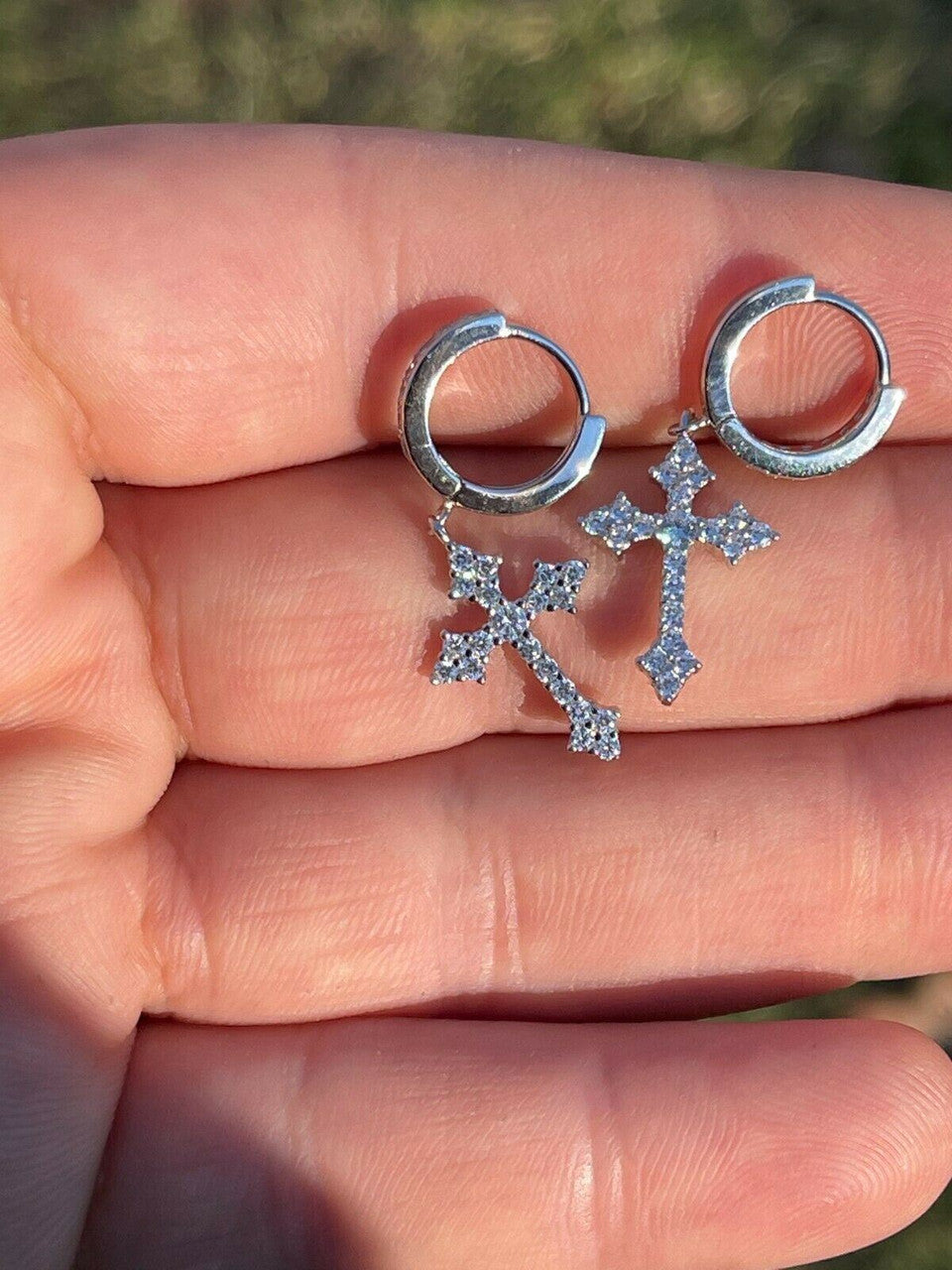 HarlemBling Real 925 Sterling Silver Mens Ladies Dangle Cross Studs Earrings Iced Hip Hop