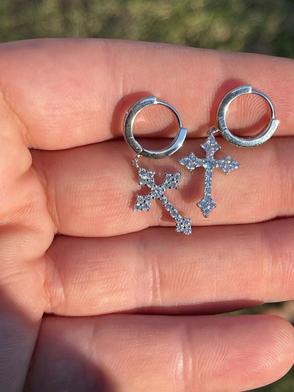HarlemBling Real 925 Sterling Silver Mens Ladies Dangle Cross Studs Earrings Iced Hip Hop