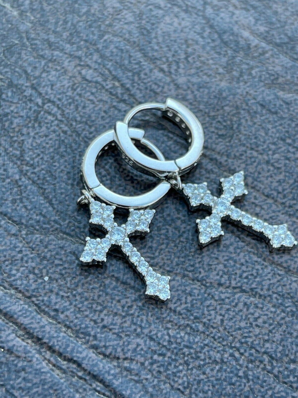 HarlemBling Real 925 Sterling Silver Mens Ladies Dangle Cross Studs Earrings Iced Hip Hop