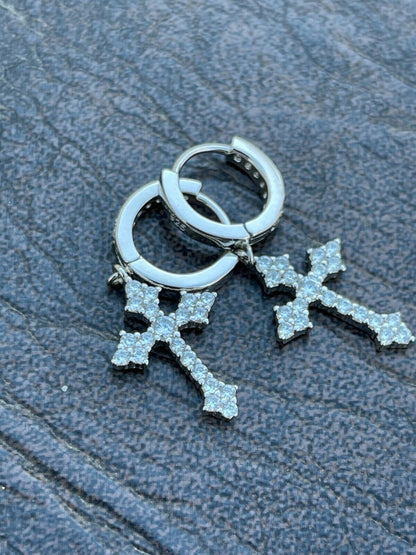HarlemBling Real 925 Sterling Silver Mens Ladies Dangle Cross Studs Earrings Iced Hip Hop