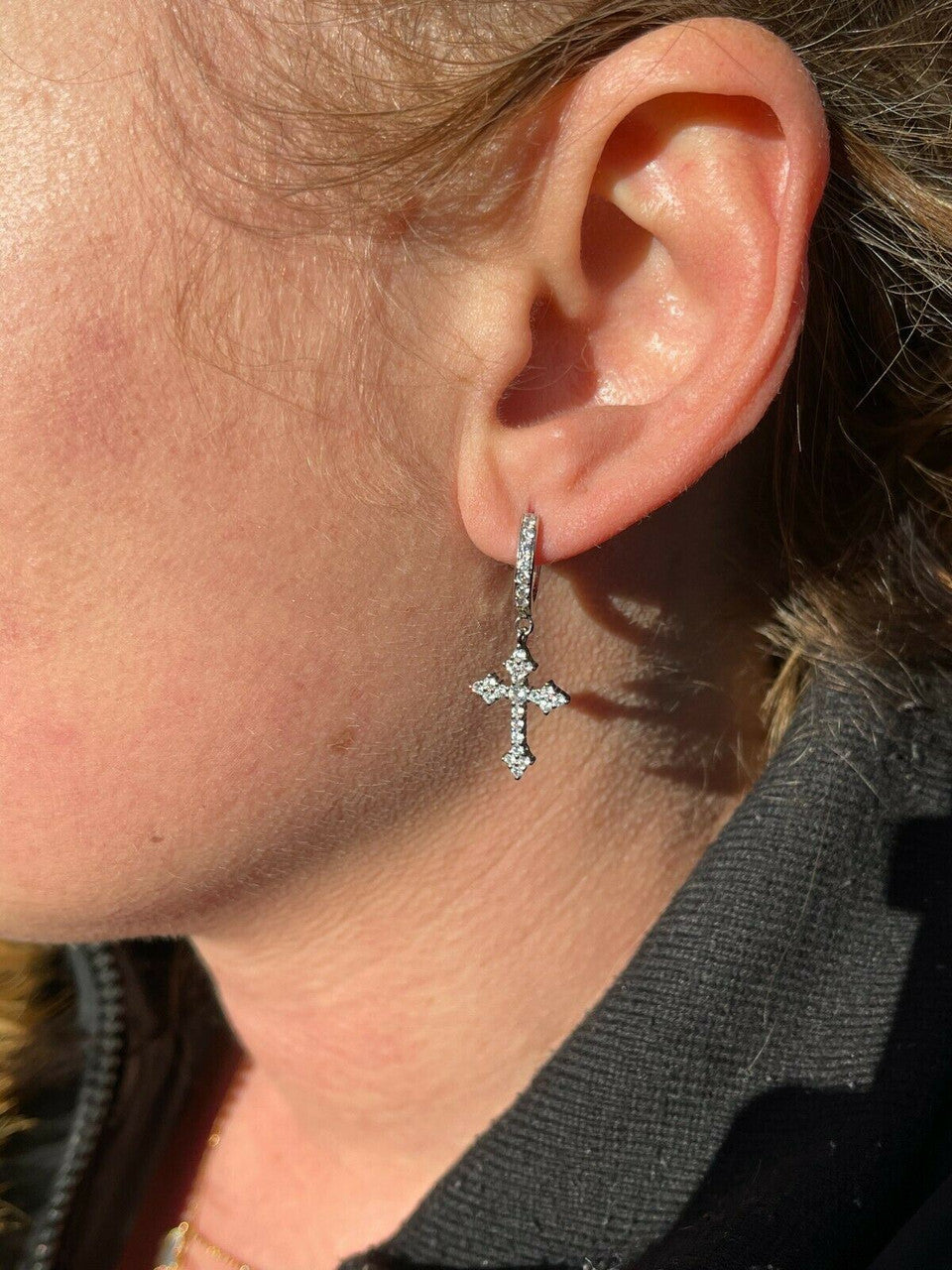 HarlemBling Real 925 Sterling Silver Mens Ladies Dangle Cross Studs Earrings Iced Hip Hop