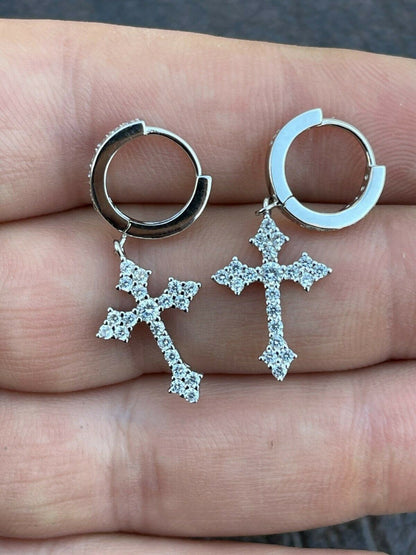 HarlemBling Real 925 Sterling Silver Mens Ladies Dangle Cross Studs Earrings Iced Hip Hop
