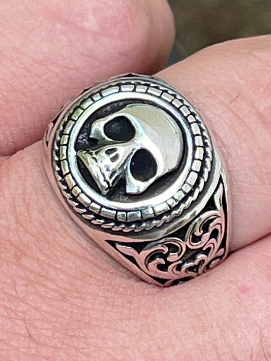 HarlemBling Real 925 Sterling Silver Mens Skull Ring Vintage Oxidized Black Rhodium Sz 7-13