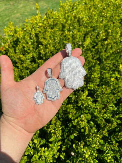 HarlemBling Real 925 Sterling Silver MOISSANITE Hamsa Hand Iced Pendant Pass Diamond Tester