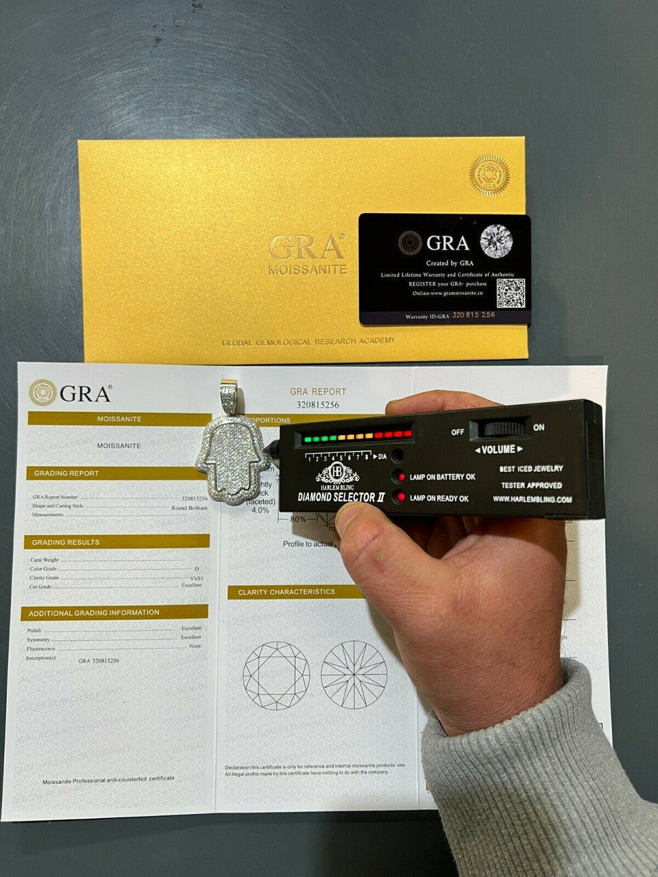 HarlemBling Real 925 Sterling Silver MOISSANITE Hamsa Hand Iced Pendant Pass Diamond Tester