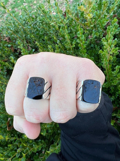 HarlemBling Real 925 Sterling Silver Natural Black Onyx Gemstone W. Miami Cuban Design Ring