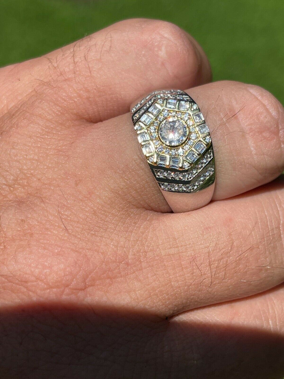 HarlemBling Real 925 Sterling Silver Out Iced Diamond Hip Hop Solitaire Ring Mens Size 6-13