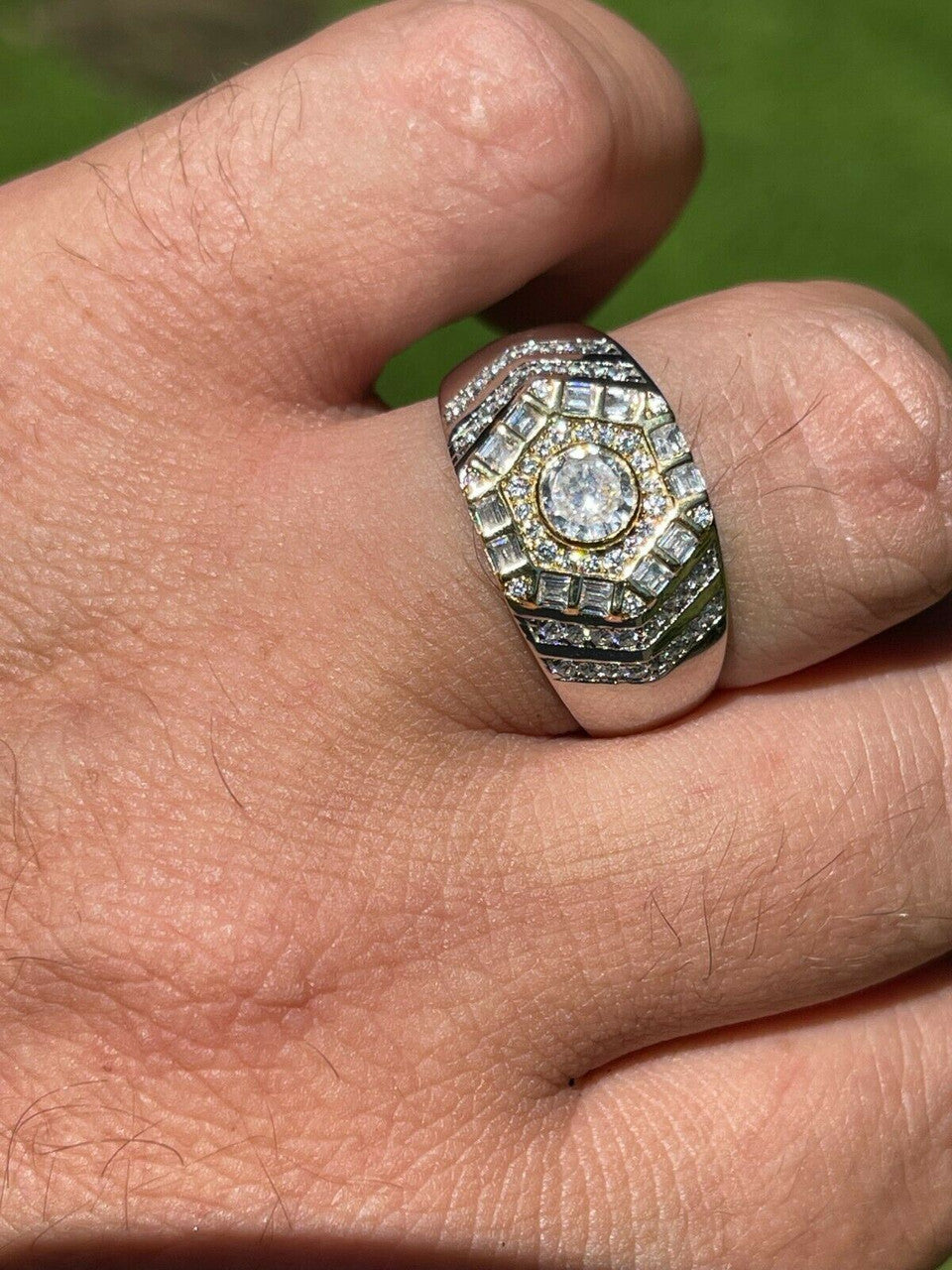 HarlemBling Real 925 Sterling Silver Out Iced Diamond Hip Hop Solitaire Ring Mens Size 6-13