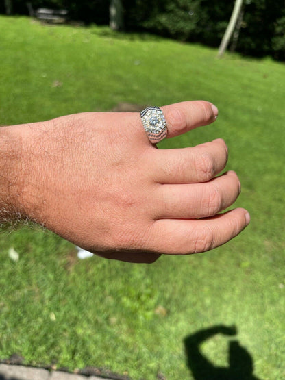 HarlemBling Real 925 Sterling Silver Out Iced Diamond Hip Hop Solitaire Ring Mens Size 6-13