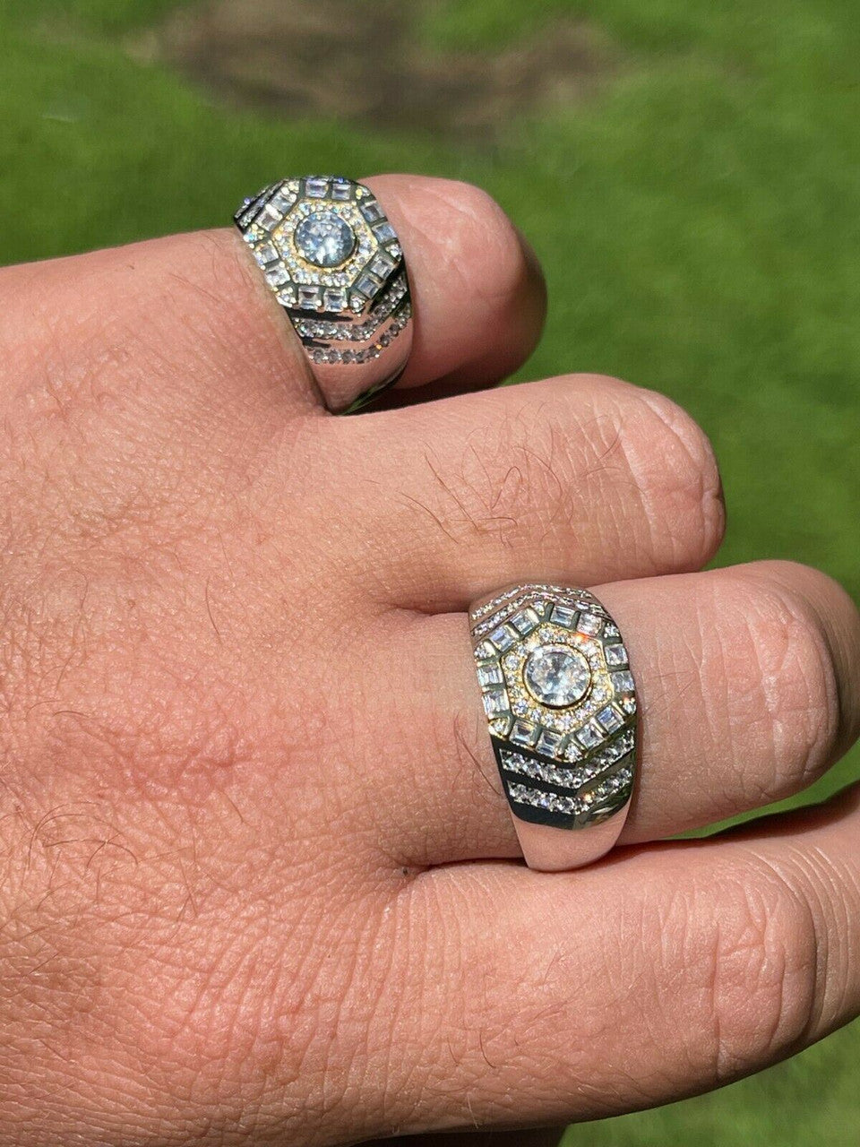 HarlemBling Real 925 Sterling Silver Out Iced Diamond Hip Hop Solitaire Ring Mens Size 6-13