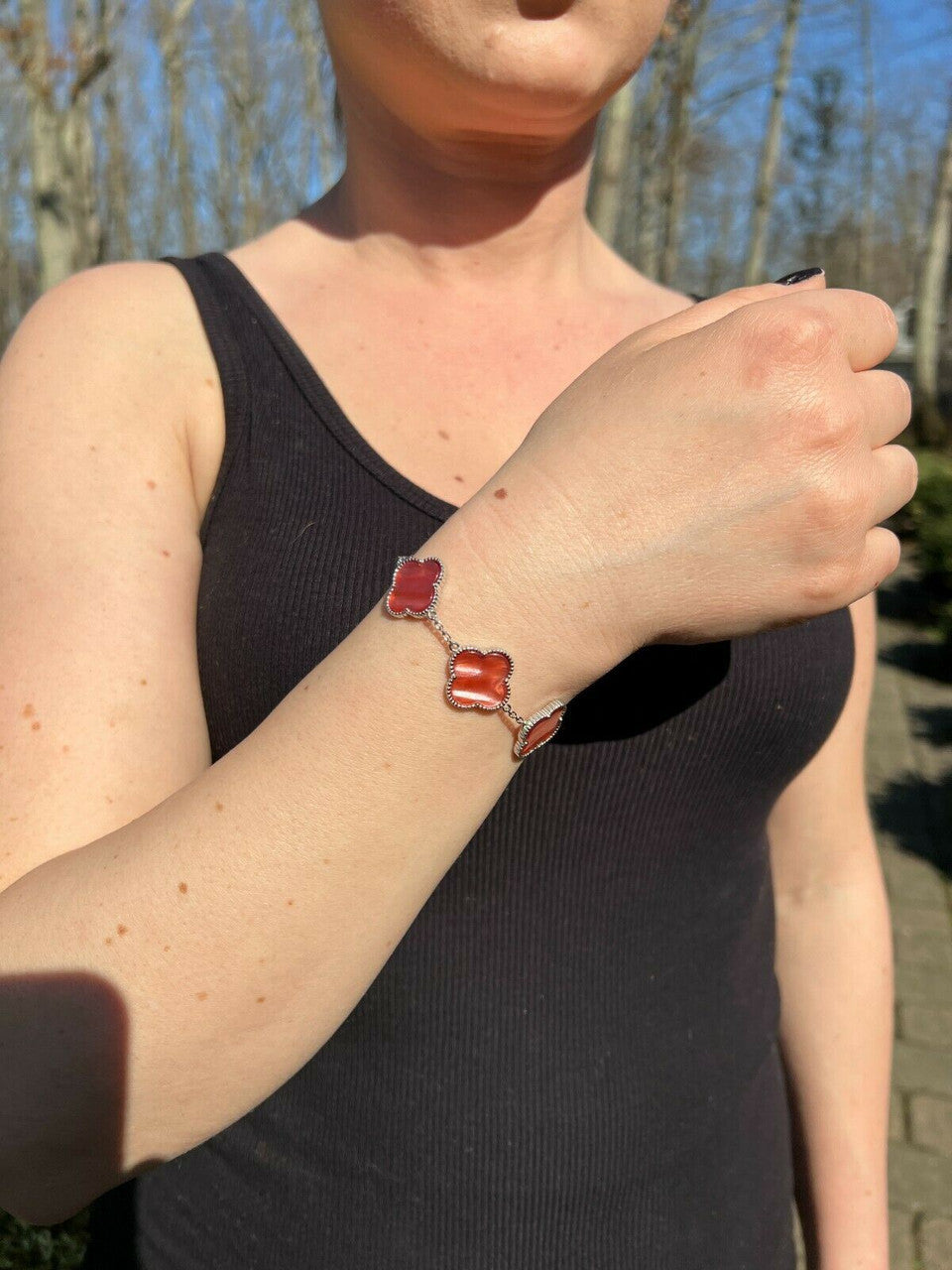 HarlemBling Real 925 Sterling Silver Pink Mother Of Pearl Leaf Clover Flower Bracelet 6-7.5