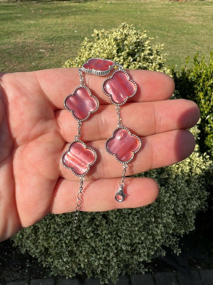 HarlemBling Real 925 Sterling Silver Pink Mother Of Pearl Leaf Clover Flower Bracelet 6-7.5