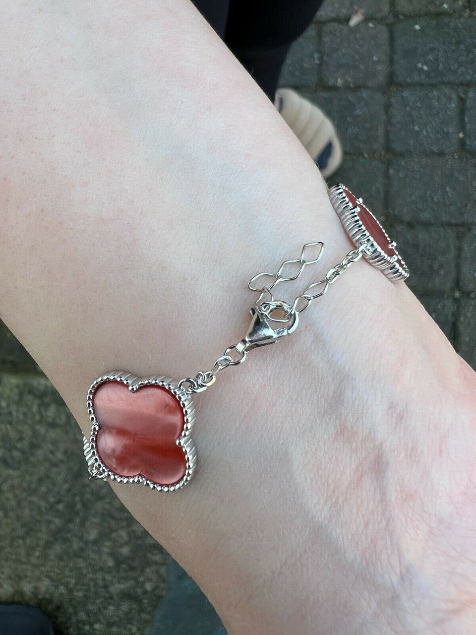 HarlemBling Real 925 Sterling Silver Pink Mother Of Pearl Leaf Clover Flower Bracelet 6-7.5