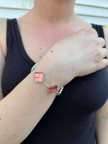 HarlemBling Real 925 Sterling Silver Pink Mother Of Pearl Leaf Clover Flower Bracelet 6-7.5