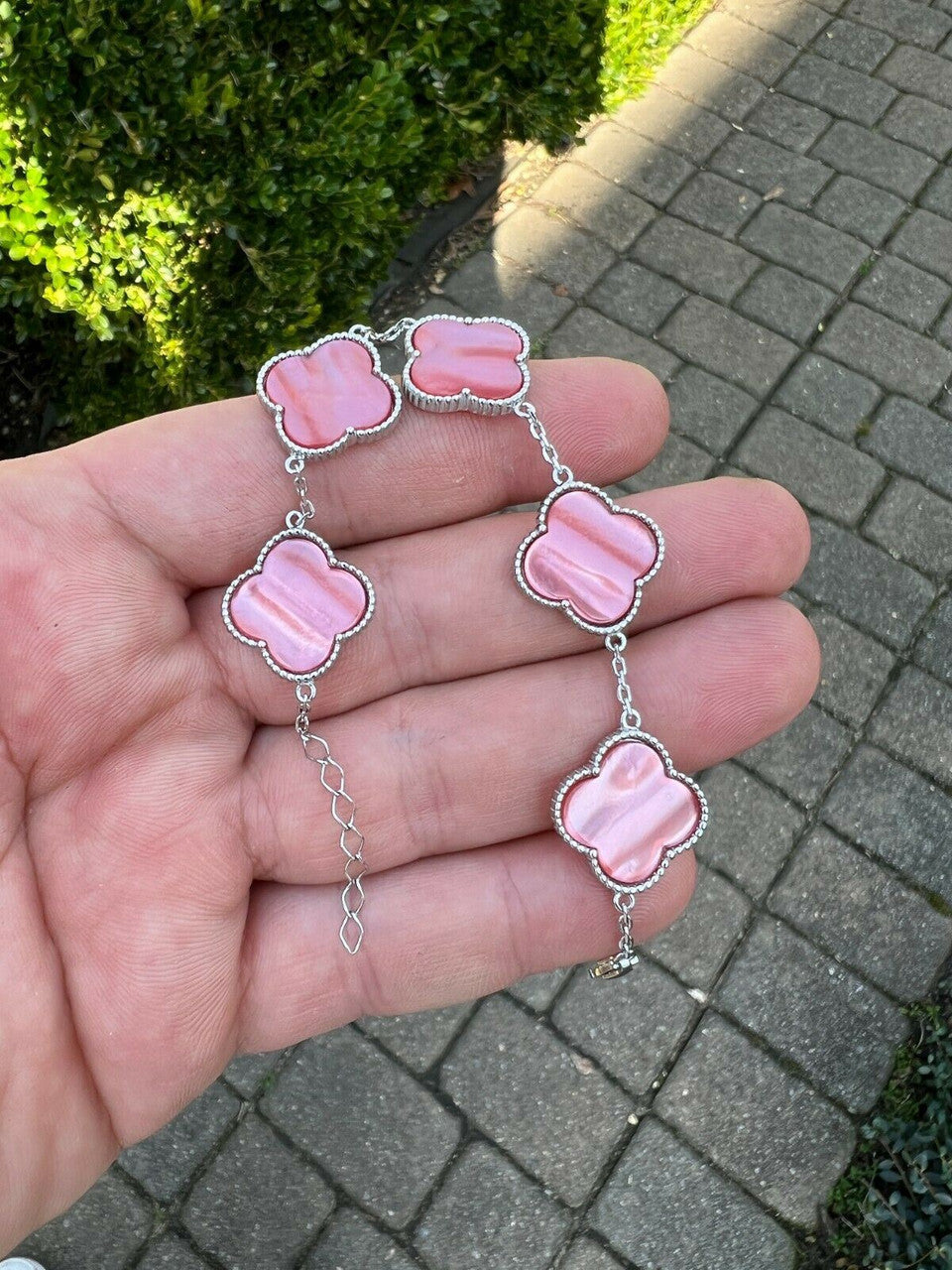 HarlemBling Real 925 Sterling Silver Pink Mother Of Pearl Leaf Clover Flower Bracelet 6-7.5