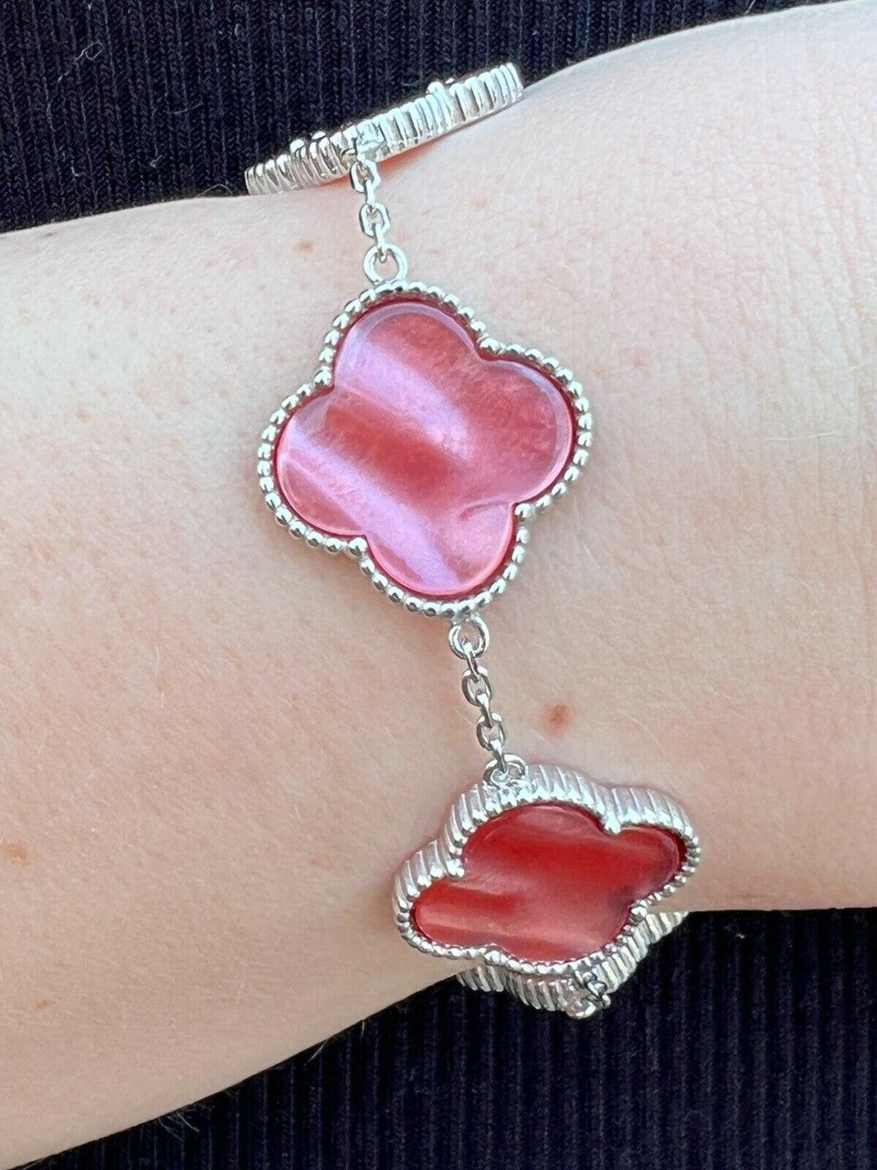 HarlemBling Real 925 Sterling Silver Pink Mother Of Pearl Leaf Clover Flower Bracelet 6-7.5