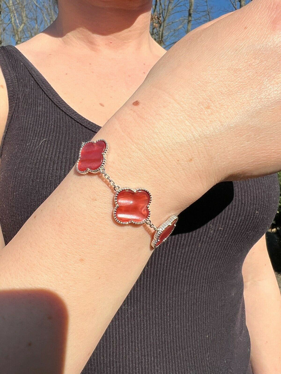 HarlemBling Real 925 Sterling Silver Pink Mother Of Pearl Leaf Clover Flower Bracelet 6-7.5