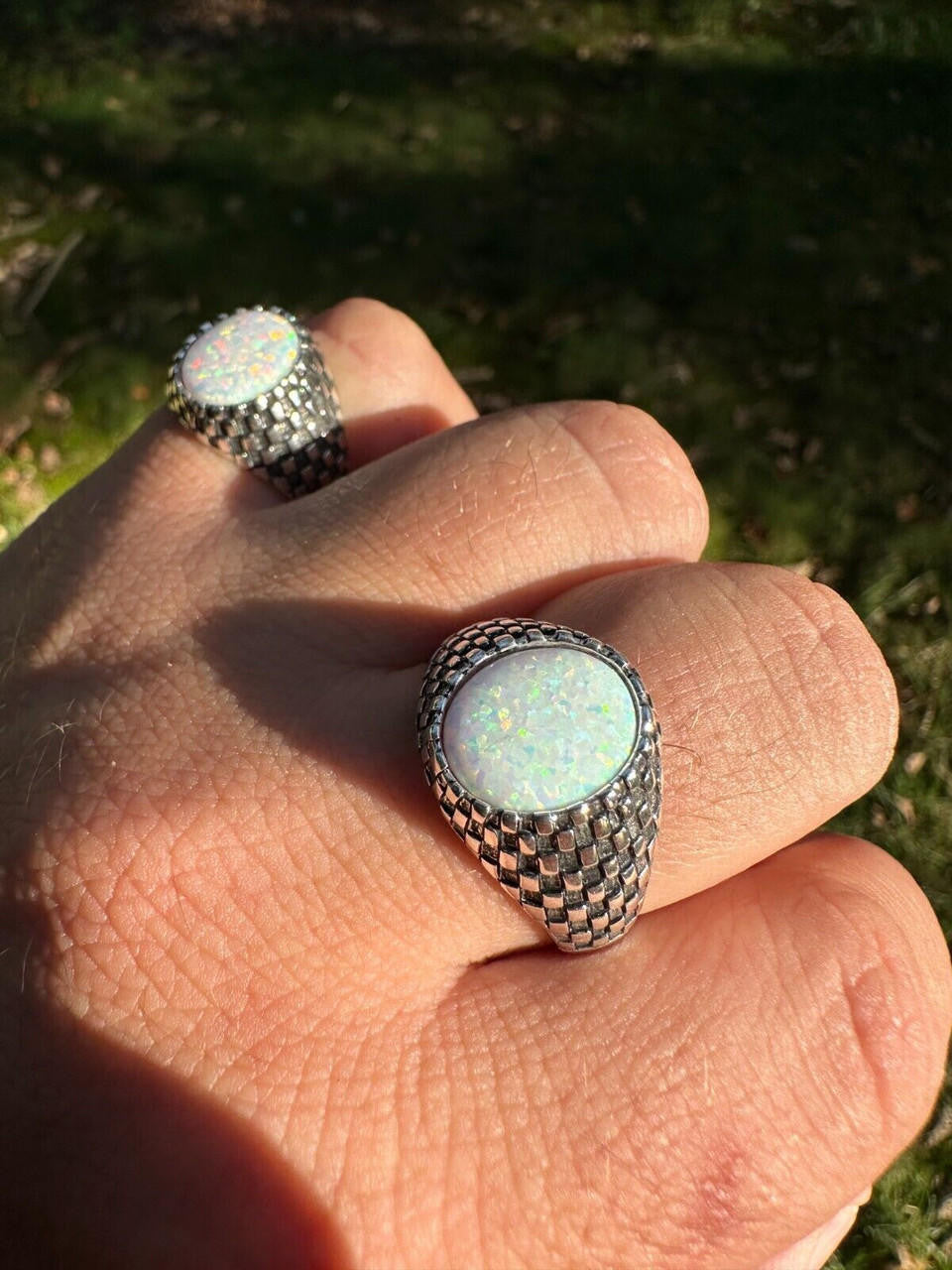 HarlemBling Real 925 Sterling Silver White Lab Created Fire Opal Gem Stone Ring Mens Ladies