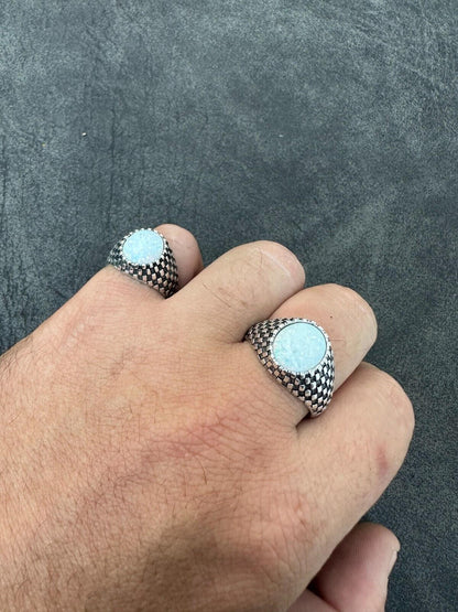 HarlemBling Real 925 Sterling Silver White Lab Created Fire Opal Gem Stone Ring Mens Ladies