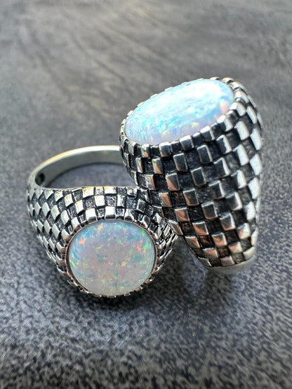 HarlemBling Real 925 Sterling Silver White Lab Created Fire Opal Gem Stone Ring Mens Ladies