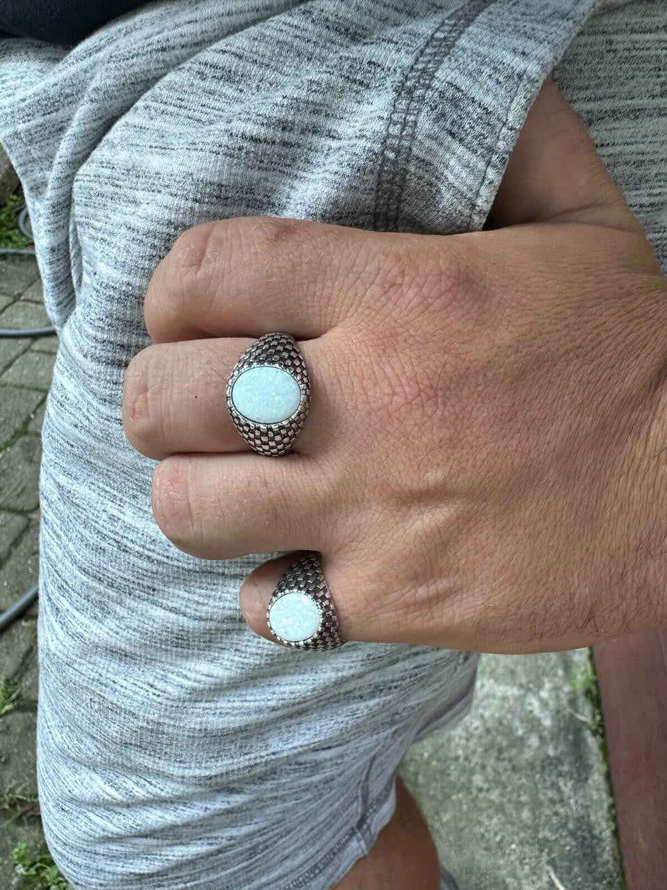 HarlemBling Real 925 Sterling Silver White Lab Created Fire Opal Gem Stone Ring Mens Ladies