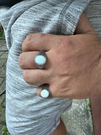 HarlemBling Real 925 Sterling Silver White Lab Created Fire Opal Gem Stone Ring Mens Ladies